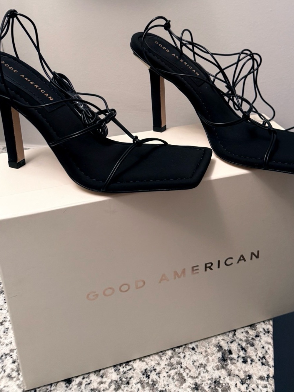 Good American Black Lace-Up Square Toe Stiletto Sandals